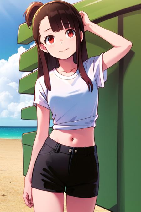 atsuko kagari, white shirt, black shorts, masterpiece, best quality, beach