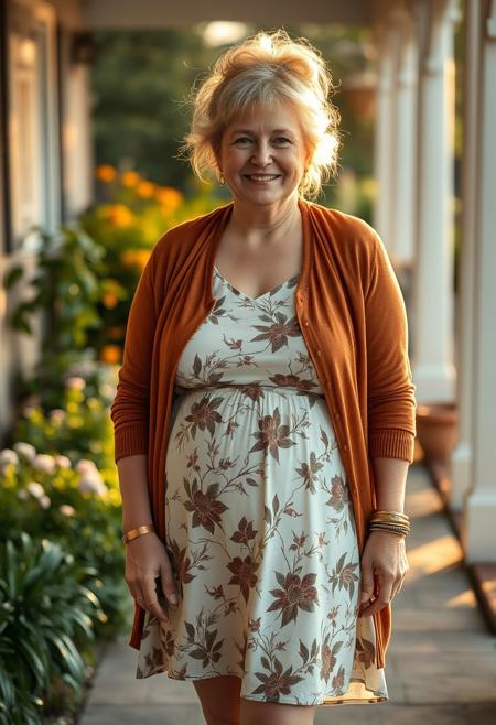 full body shot masterpiece portrait of a relaxed mature woman::1.4, Norman Rockwell style::1.2, realistic impressionist art::1.1,
(physical description: full body shot, PLUMP build with soft curves PROTRUDING BELLY, fair skin with a gentle glow, casual posture:1.1)
(facial features, expression: serene and content expression, gentle lines around the eyes, MESSY BUN WITHwispy strands of hair framing the face:1.0)
(clothing details: breezy knee-length dress with light-colored base and darker botanical or floral pattern, paired with a rust-colored open-front cardigan:1.0)
(accessories:((BAREFOOT, THICK BRASS STRAP ANKLETS:09))(, simple stud earrings or no jewelry, understated natural styling:0.9)
(background setting: sunlit cottage garden path or cozy front porch with greenery and warm textures:0.9)
(lighting style: soft golden hour light, diffused natural sunlight with warm highlights:0.8)
(composition and camera framing: full body centered shot, eye-level angle, gently candid moment mid-step or adjusting cardigan:1.0)
(emotional tone or theme: relaxed domestic elegance, warm weather comfort, tranquil and familiar atmosphere:0.9)
(technical execution: soft painterly textures, focus on fabric movement and natural lighting interplay, lifelike color rendering:0.8) HER ANKLE IS CHAINED TO THE PORCH, 3D isometric render