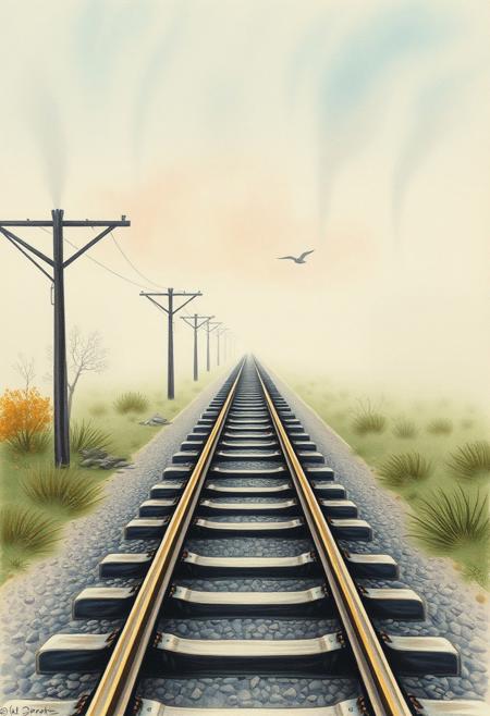 A long deserted railway track fading into the mist, whimsical setting, vintage illustration style, colored pencil texture, highly detailed, soft pastels, delicate linework, storybook aesthetic, ethereal atmosphere, dreamy composition, hand-drawn elements, fantasy scenery, nostalgic charm, intricate patterns, gentle color palette
surreal conceptual photography, black-and-white cut-out figures, painterly watercolor abstraction, dreamlike storytelling, whimsical existential themes, theatrical surrealism, symbolic landscapes, vibrant fluid colors, miniature human interactions, poetic absurdity, introspective yet playful, bold contrasts, emotionally expressive composition, imaginative color flow, surreal visual poetry