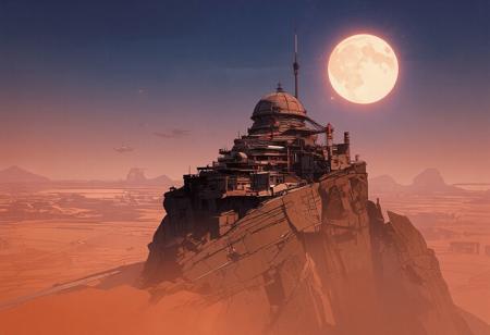 View from the sky of a futuristic city in the middle of a desert. The scene takes place on another planet, as two suns are visible in the sky. The futuristic city is perched on a very tall rocky spur. The city is beautiful and harmonious, made of glass and steel. A large building with a grand dome overlooks the city. In the distance, space and air traffic can be seen. The city is surrounded by a vast sandy desert. The sky is very bright because one of the two suns is setting.