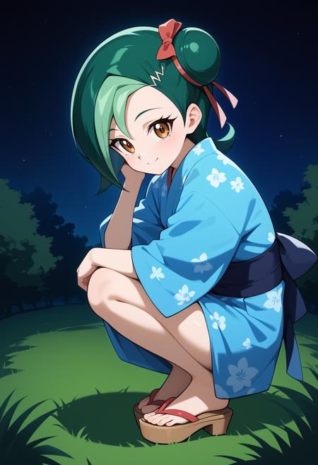 aakotori, short hair, multicolored hair, green hair, single hair bun, hair ribbon, brown eyes, small breasts, bare shoulders, sleeveless shirt, multicolored shirt, blue shirt, pink skirt