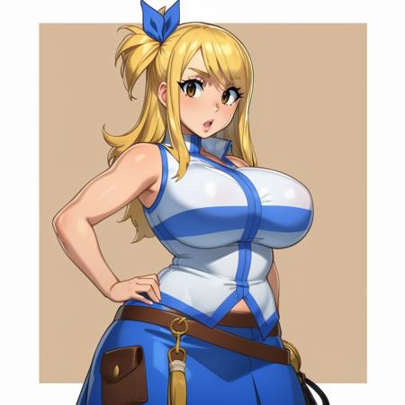 (masterpiece, best quality:1.3), Rizdraws, Thin Lineart, Soft Lineart, Film Grain, Soft Shading, 1girl, solo, looking at viewer, huge breasts, mature female, <lora:Rizdraws Style Lora:.8>, blonde hair, full body, cowboy shot, :o, (light brown eyes), lucy heartfilia, long hair, white shirt, sleeveless, belt, blue skirt, midriff, <lora:lucy_heartfilia_v11:.8>, wide hips