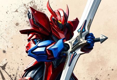 Mirror Swordknight robot, red & blue armor, yellow eyes, shouting, dynamic action pose, Realm of Danger! background, splash ink illustration, Unreal Engine 5 pro, Artstation trending, CGSociety, golden ratio, Octane render, high-res, 4k, exceptional quality, lifelike details, handcrafted, stunning colors, contemporary aesthetics, matte painting, creative angle, isometric view.