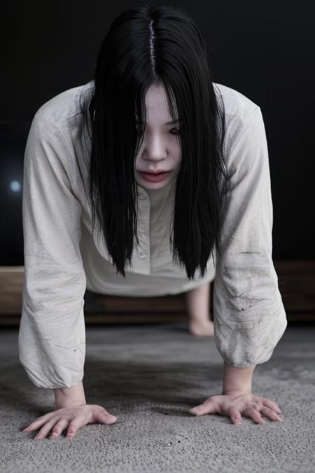 ultra detailed, 1woman, Sadako, long black hair, hair over eyes, pale skin, White dress, long sleeves, dirty clothes, on all fours, (indoor, dark room, night, television), horror theme, cinematic lighting