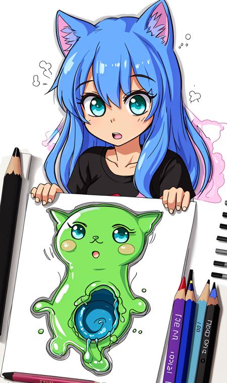 a bewildered catgirl, slime, pencil sketch