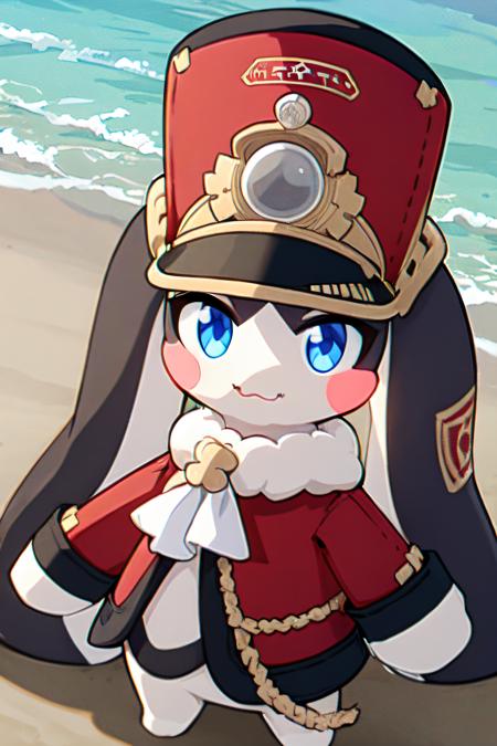 <lora:pompom:0.8> solo,blue eyes, red hat, blush stickers, rabbit ears, beach