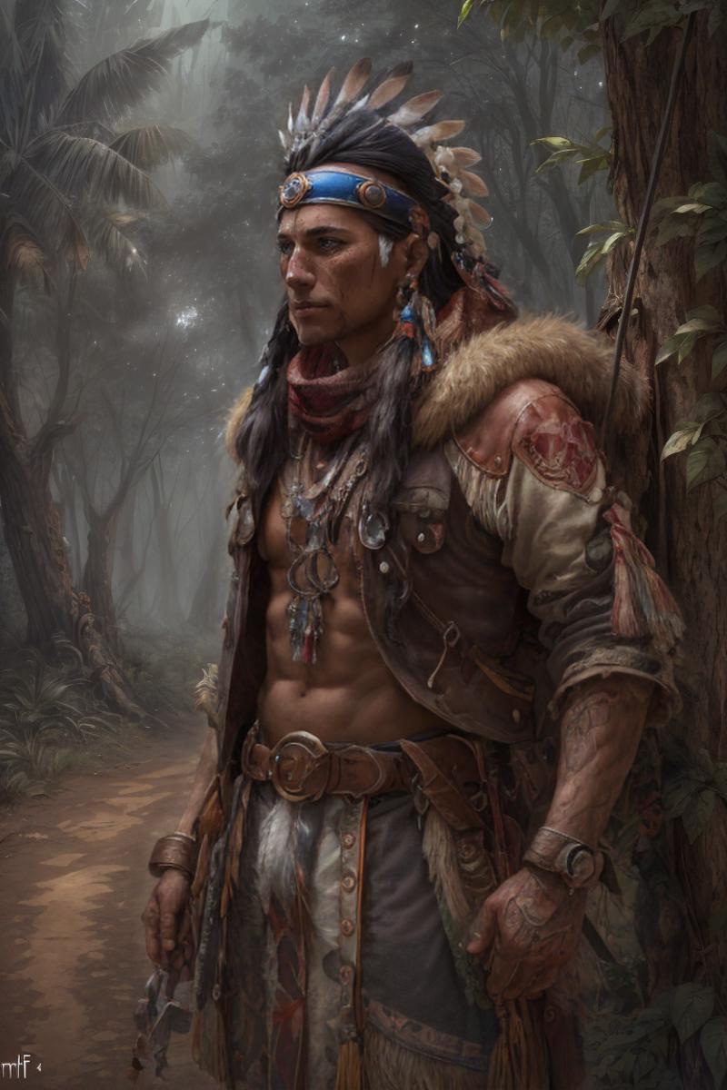 A Native American Man with a Feather Headdress and Beaded Necklace.