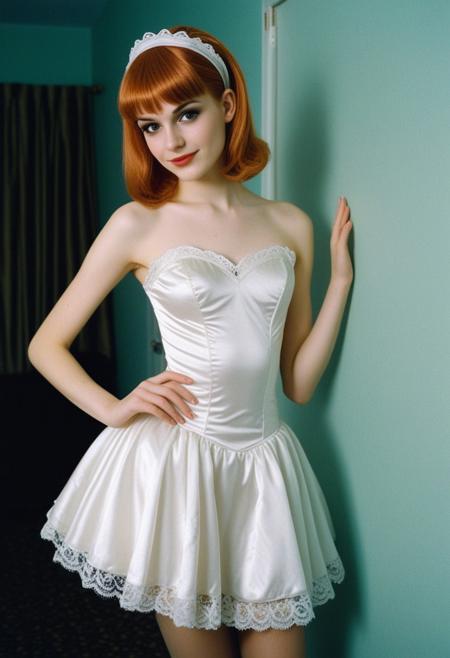 Photography, skinny, beautiful sexy slavic 18yr old crossdresser femboy man, satin prom dress with lace trim, tutu, soft smile, light freckles,wig, pantyhose, slim beautiful face, perfect eyes, detailed background, satin hairband, eyeliner
dark motel room, kodak analog 90s flash photography