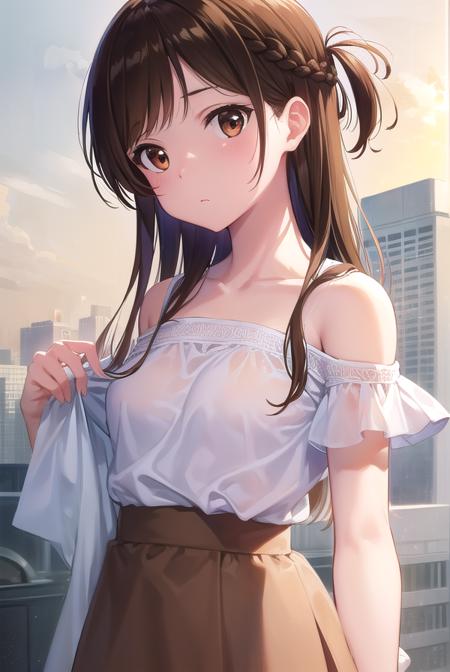 mizuharachizuru, <lora:mizuharachizuru-lora-nochekaiser:1>, 
mizuhara chizuru, long hair, brown hair, (brown eyes:1.7), (one side up:1.5), bangs, braid, hair braid,
BREAK bare shoulders, collarbone, pink shirt, puffy short sleeves, puffy sleeves, red bow, shirt, short sleeves, skirt, white skirt,
BREAK outdoors, city,
BREAK looking at viewer, (cowboy shot:1.5),
BREAK <lyco:GoodHands-beta2:1>, (masterpiece:1.2), best quality, high resolution, unity 8k wallpaper, (illustration:0.8), (beautiful detailed eyes:1.6), extremely detailed face, perfect lighting, extremely detailed CG, (perfect hands, perfect anatomy),