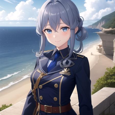 ((masterpiece)),(best quality),official art,extremely detailed CG,unity 8k wallpaper,ultra detailed,A lighthouse on a cliff by the sea,1girl,solo,upper body,(portrait:1.2),half_gloves,mole_under_eye,blue_hair,long_hair,military_uniform,blue_eyes,white_gloves,single_hair_bun,blue_skirt,blue_sailor_collar,black_necktie,collared_shirt,medium breasts,long_sleeves,hair_between_eyes,thigh_strap,rudder_footwear,looking_at_viewer,smile,black_neckerchief,blue_thighhighs,belt,<lora:Gotland(kan)>,