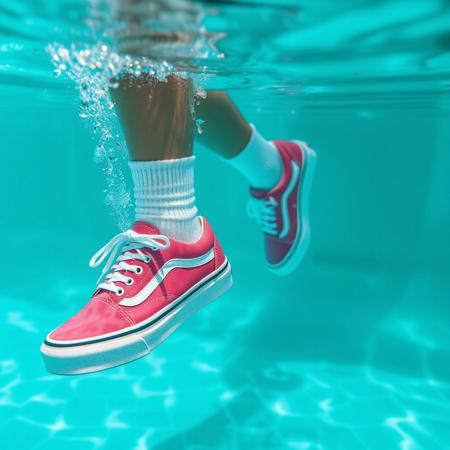 professional photo, (high detail),
BREAK
woman in a swimming pool wearing sneakers and white socks, sneakers underwater water, sneakers floating, sneakers sinking, wet sneakers
 (((pink-canvas-Vans-Authentic-sneakers))),
BREAK
(realistic:1.8), (((visible sneakers, detailed sneakers)))