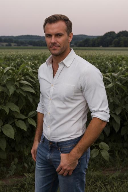 (medium shot) photo of matthew_bosch standing among tall mature crops under a soft morning sky, his hand grazes the crops as he walks through them, wearing well-fitted smart casual clothes, crisp white shirt, rolled up sleeves, unbuttoned shirt, dark denim jeans, determined, hopeful, and forward-looking mood, <lora:matthew_bosch-07:0.75>, heartland beauty