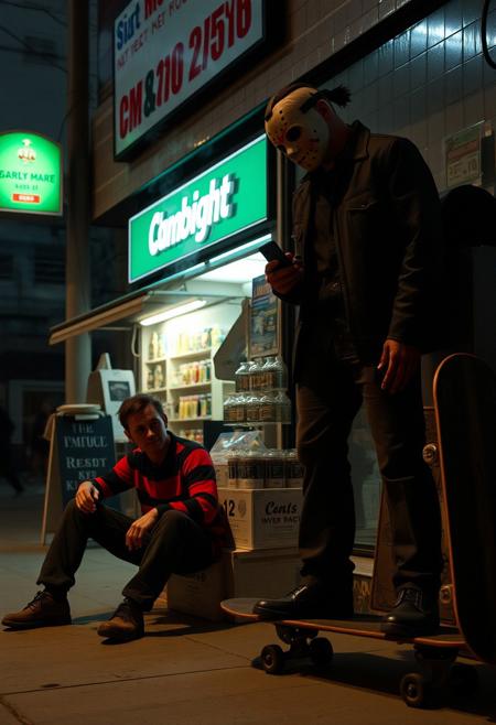 outside a minimarket, 20 years old Freddy Krueger smoking a cigarrette sitting on the sidewalk, 18 years old jason voorhees watching her telephone, 21 years old michael myers on a skateboard doing tricks