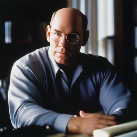 <lora:mitch_pileggi_XL:1> mitch_pileggi, glasses, sitting at his desk, window light, soft light