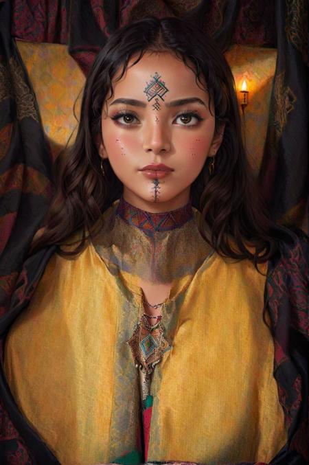 1girl, (traditional chin tattoo, Ushamxl:1.2),  <lora:UshamXL:1.2>, black hair, brown eyes, colored skin, curly hair, eyeshadow, lips, lipstick, looking at viewer, makeup, moroccan pattern background,