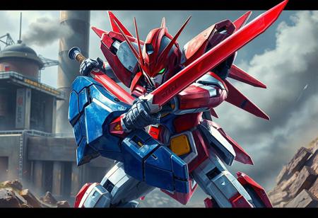 The image showcases a detailed and vibrant depiction of Alpha The Magnet Warrior Gundam, a legendary robot, in a 4K, exceptional quality, dynamic action pose. Alpha The Magnet Warrior Gundam, adorned with a red helmet, wields a red sword and blue shield, ready for battle. The background features an Ancient Gear Factory, adding to the overall epic feel. The image boasts sharp lines, brush strokes, stunning and harmonious colors, and multi-colored, contemporary aesthetics. The matte painting and impeccable composition result in a captivating and well-timed moment, emphasizing the beauty of this detailed illustration, trending on ArtstationHQ. The image is rendered in Redshift and Unreal Engine 4K, 8K.