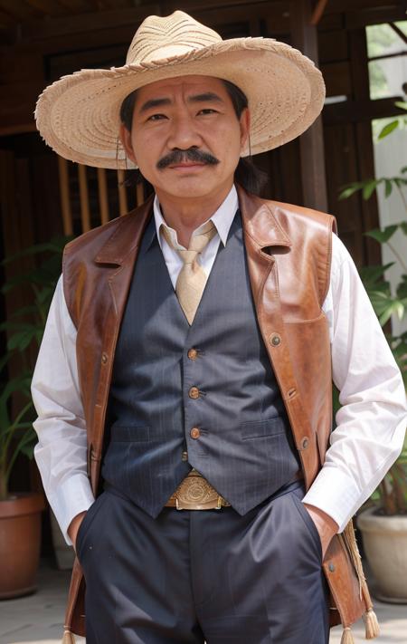 1 old man,  cowboy cloth, mustache, leather vest, (full body:1), <lora:nomukun:0.8>, (Roh Moo-hyun), (masterpiece:1.0), (best quality:1.4), (ultra highres:1.2), (photorealistic:1.4), (8k, RAW photo:1.2), (62yo:1.3), detailed face, pale skin