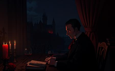 <lora:lofistudy:0.75>, lofistudy, 1man, from side, writing, dracula, vampire, castle, wine_glass, victorian, holding_quill, inkwell, book, paper, curtains, night, window, victorian background