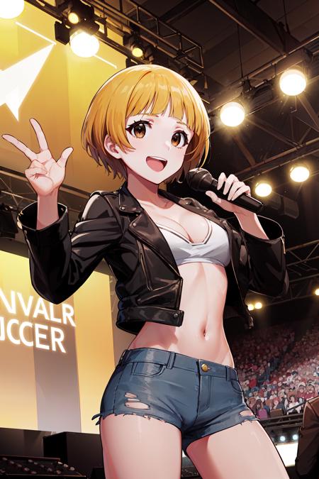 (masterpiece, best quality:1.4), solo, looking at viewer, cowboy shot, :d, noriko fukuda, medium breasts, short hair, jacket, cleavage, torn shorts, singing, microphone, indoors, stage, stage lights, <lora:noriko_fukuda_v1:0.9>