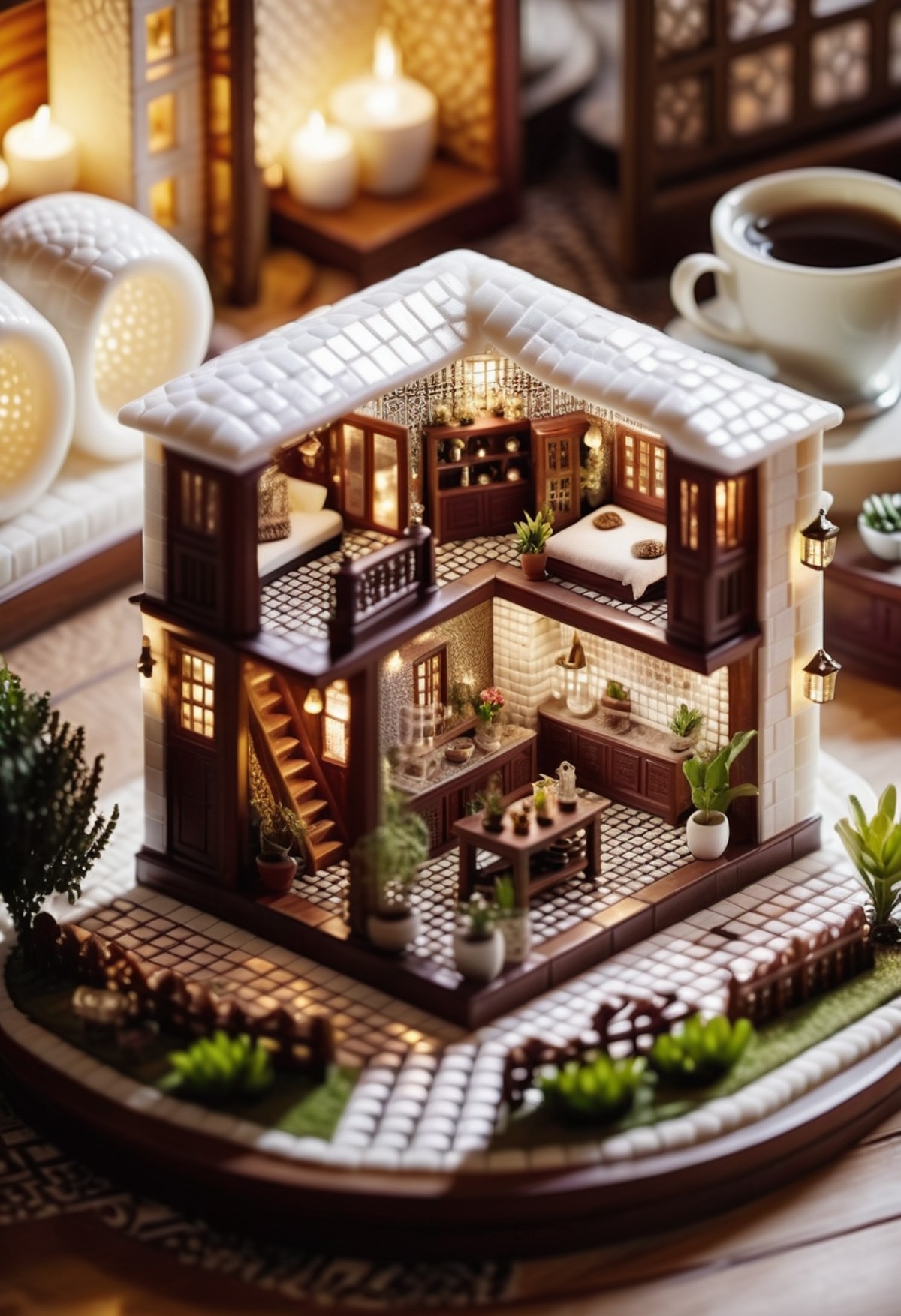 cinematic photo in a cozy living room, a miniature house inside a cozy smoothie houses a steamy microcosm. The walls are m...