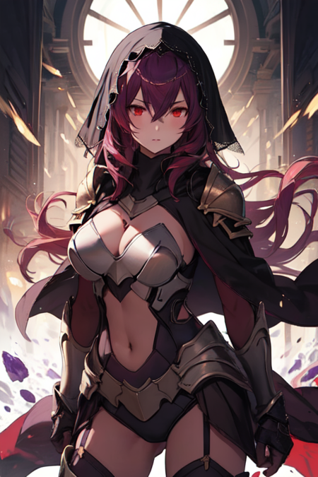 ScathachSaber, 1girl, solo, very long hair, large breasts, red eyes, thighhighs, hair between eyes, purple hair, red hair, armor, purple bodysuit, covered navel, capelet, shoulder armor, gauntlets, veil, pauldrons, 
