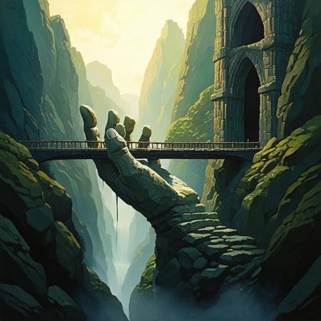 Textured gouache impasto painting of a fantasy bridge supported by giant hands of stone, accurate, refined, defined, highly detailed, follow negative prompts,