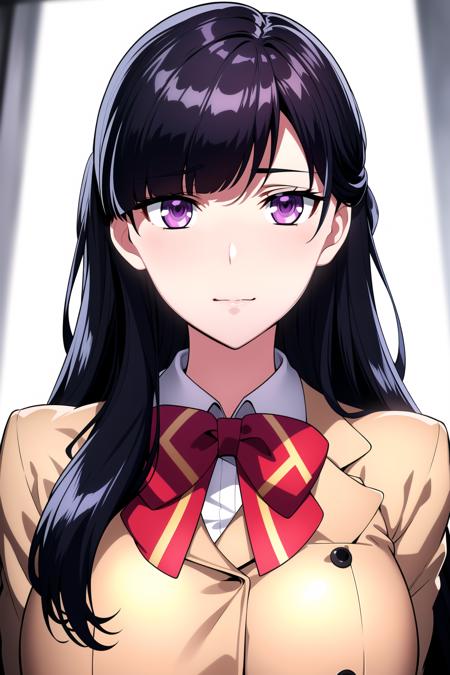 Simple White Background,
Brown_blazer_jacket,long_sleeves, bowtie, pleated skirt, pantyhose,
<lora:saki_rukino_valvrave-V1:0.7>,
Black_hair,Long_hair,purple_eyes,Bangs,
<lora:Oda_Non_Style-KK77-V2:0.1>,<lora:more_details:0.1>,
1 girl, 20yo,Young female,Beautiful Finger,Beautiful long legs,Beautiful body,Beautiful Nose,Beautiful character design, perfect eyes, perfect face,expressive eyes,perfect balance,
looking at viewer,(Focus on her face),closed mouth, (innocent_big_eyes:1.0),(Light_Smile:0.3),
official art,extremely detailed CG unity 8k wallpaper, perfect lighting,Colorful, Bright_Front_face_Lighting,White skin,
(masterpiece:1.0),(best_quality:1.0), ultra high res,4K,ultra-detailed,
photography, 8K, HDR, highres, absurdres:1.2, Kodak portra 400, film grain, blurry background, bokeh:1.2, lens flare, (vibrant_color:1.2),professional photograph,
(Beautiful,large_Breasts:1.4), (beautiful_face:1.5),(narrow_waist),