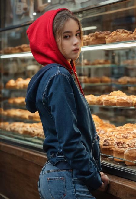 1girl, looking cake from display window, in bakery,  hand on the glass window, red hoodie jacket, black shirt and blue jeans,  expressive eyes, perfect face,
(full body:4),
pretty features, Wadim Kashin, James Gurney, amazing beauty , Royo, Bak, hyper detailed Splash art modern European, hyper detailed photography, soft light, cover, high resolution, intricately detailed, cinematic LUT,