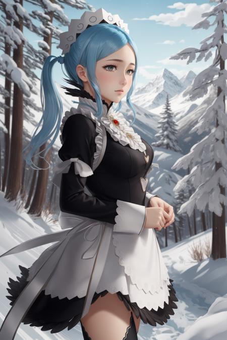 masterpiece, best quality, feflora, red gem, maid headdress, maid outfit, white apron, black thighhighs, cowboy shot, neutral expression, looking at viewer, from side, looking down, tundra, alpine forest <lora:feliciaflora-nvwls-v1-000010:0.9>