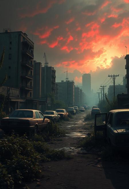 A desolate urban landscape during a zombie apocalypse, overgrown with vegetation, abandoned cars, and crumbling buildings, dramatic lighting with a blood-red sky, high detail, cinematic composition, digital painting, inspired by the works of Simon Stålenhag and Ian Holmer, 8k resolution, hyperrealistic atmosphere, intense survival scene with zombies lurking in the shadows
