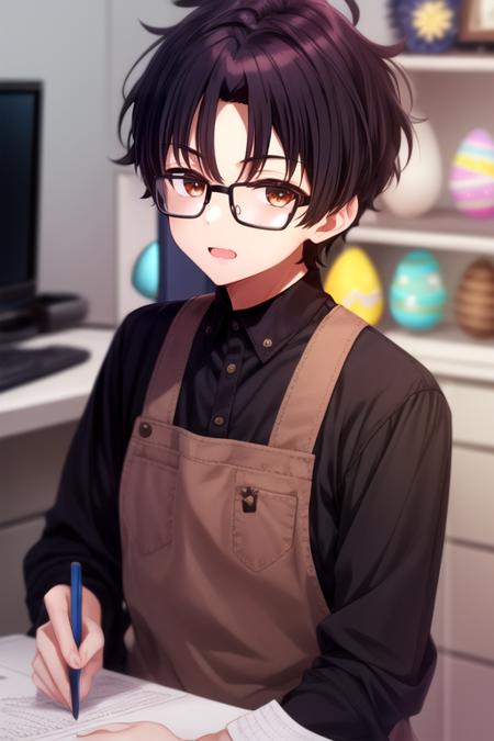 (best quality:1.1), (masterpiece:1.4), wallpaper, looking at viewer, , depth of field, , , 1boy, solo, male focus, <lora:akito_sendou:0.9>, akito_sendou, black hair, brown eyes, , bangs, glasses, easter costume, science fiction alternate history, 8k resolution