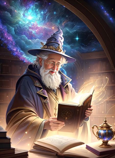 Style-NebMagic,  an award winning masterpiece character concept art of solo, a wizard holding up magic spellbook pulsing with celestial Style-Nebmagic, magic book, wrinkled skin, fantasy wizard hat, jovial, short old man, inside a ((magical library)) where the ceiling is made of stars,  full body, close up, looking at viewer, mysterious ambiance, mystery, intrigue, laughter, dynamic lighting, beautiful lighting,  <lora:torinoAquaStyleLora_v1:0.25>