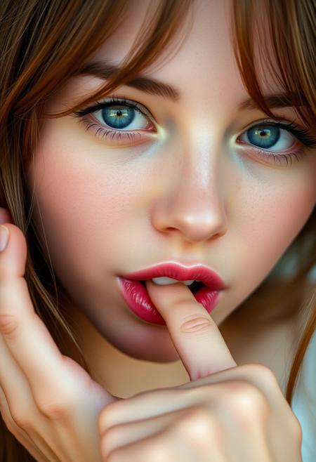 score_9, score_8_up,1 woman, cute, solo,  18 years old,     brown hair, grey eyes    sucking her finger , closeup,   pleasure,  full lips, , focus on mouth, relaxed, total pleasure from sucking her finger, finger deep in mouth
, very detailed, detailed eyes,  high detailed texture, realistic, photorealistic, perfect eyes, real life realistic, ExpressiveH, Cinematic Film,