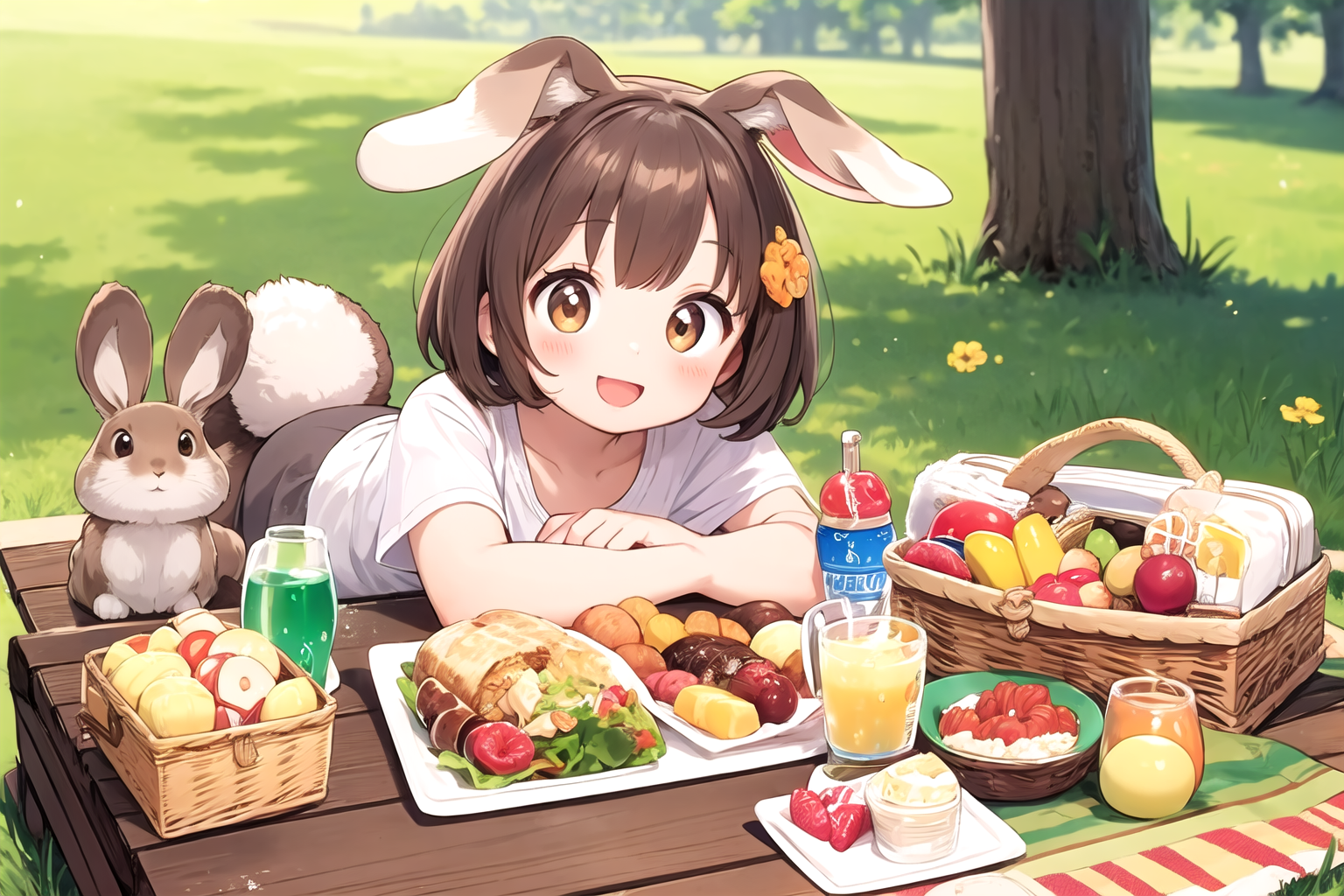 (brown rabbit girl:1.1),happy,smile,picnic basket,picnic seat,