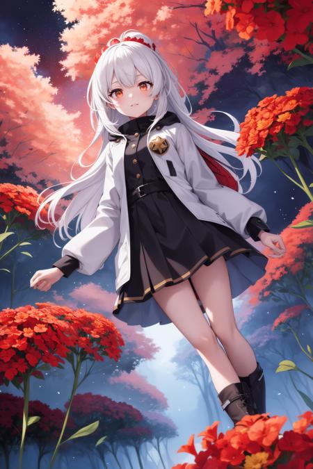 extreme quality, cg, (bright colors:0.8), ultra-detailed, illustration, impasto, painting, 1girl, large white jacket, long jacket, short legs, short, forest, mystery, mysterious forest, girl investigator, tall boots, red flowers, starry sky, stars, nebula, white hair, walking, walking through the forest, relaxed expression, night, nebula sky, planets, ((red flowers)), solo, anime wallpaper, high quality wallpaper, official wallpaper, masterpiece, best quality, 8k