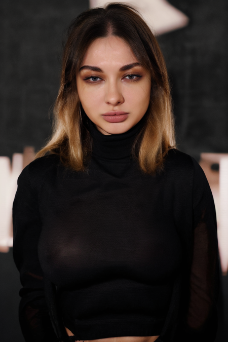 portrait, <lora:AhriNyan:1> ahrinyan, <lora:glam makeup:1> looking_at_viewer, black turtleneck,  <lora:BBFP_1.0:0.7> 1girl, Black Background, solo, <lora:no_bra_v20:0.5> covered_nipples, no_bra