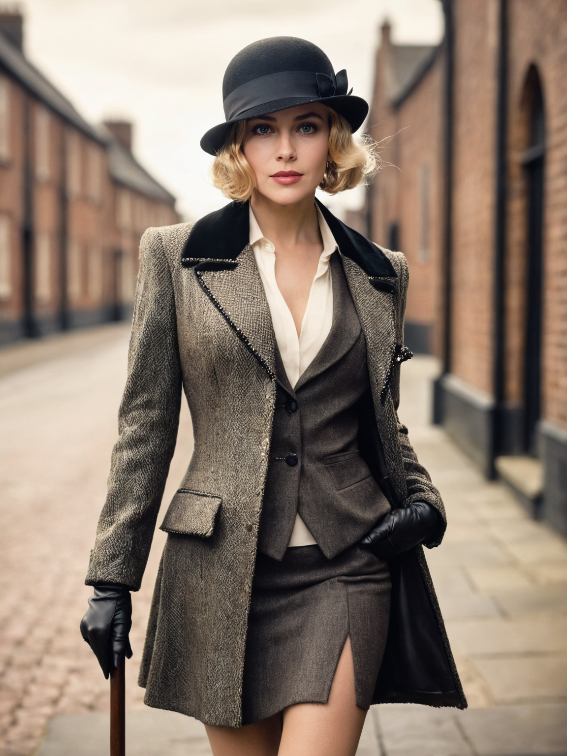1920s vintage vogue photo, full body shot, upskirt, stunning blonde woman , provocative pose, spreading legs, (pussy closeup:1.1), steamy street of 1920's Birmingham, A crystal-studded walking cane in hand adds a touch of opulence and sophistication, Dressed in a tailored tweed jacket, revealing outfit, sexy outfit,( cleavage:1.1), cloche hat, the woman exudes the strength and sophistication of the Peaky Blinders era, With a mysterious gaze and smoky eye makeup, capturing the rebellious spirit of the iconic  Peaky Blinders TV show, sepia-toned filter, nostalgic touch, ( nsfw:1.1), nude body, skirtlift, cinematic lighting, chiaroscuro <lora:nsfw-xl-2.1:0.8>, (oily skin, glossy skin, glossy oiled skin:1.1)