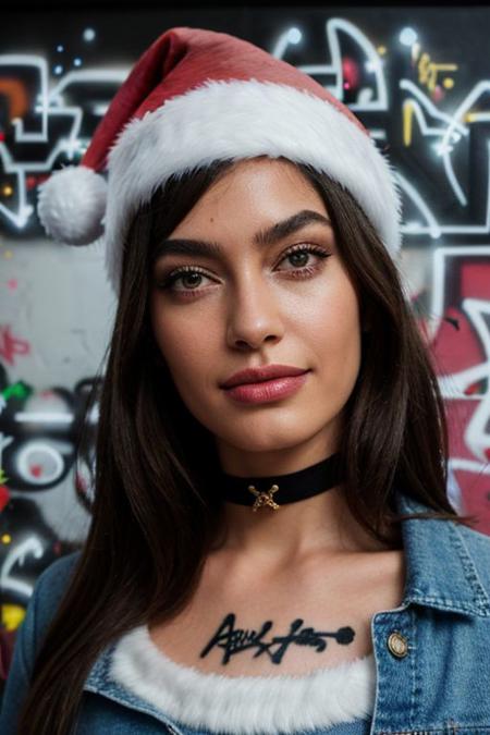 <lora:epiCRealismHelper:0.7>, epiCRealism, portrait photography, street photography, photo of striking facial features, african woman, wearing crop top, denim shorts, santa hat, black choker, (graffiti:1.6), paint splatter, against wall, paint on body, (christmas light on wall:1.3),  christmas ornaments, expressive female portrait