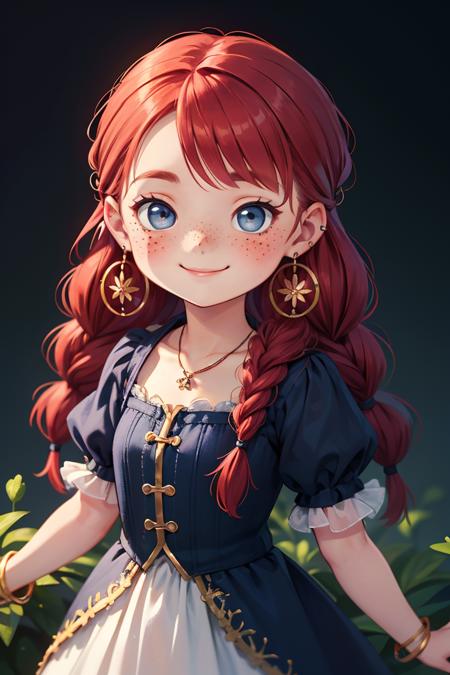 (chibi:1.2),  (best quality),((masterpiece)),Concept Art, 1 Girl, Freckles, Solo, Jewelry, Braids, Earrings, Double Braids, Necklace, Look at the Audience, Red Hair, Blur, Plants, dark blue lace skirt, Blurred Background, Upper Body, Fluffy Sleeves, Bracelet, Smile, Long Hair, little braids, <lora:GoodHands-beta2:1>