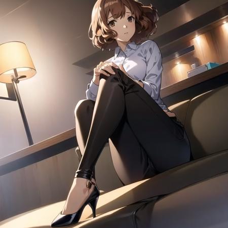 masterpiece, best quality, highres, extremely detailed CG unity 8k wallpaper,
illustration of dsharu, brown hair, short hair, dress shirt, pants, high heels, 1girl, solo, sitting, luxury hotel, detailed background, (persona 5:0.5)
<lora:dsharu_e3:0.75>