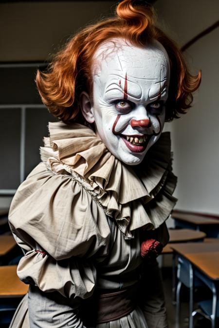 pennywise, teeth, from side, looking back, in a classroom <lora:pennywise-000006:1>