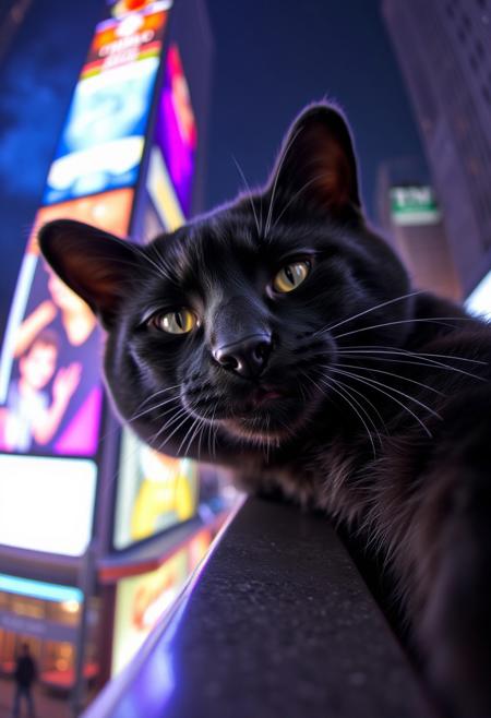 A close-up selfie of a black cat  with a smirk, perched on the edge of the Time Square at night. The background is filled with flashy, colorful lights illuminating the iconic structure. The bear's expression is mischievous, captured with dynamic lighting and a centered composition.