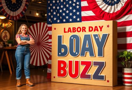 Gear up for an all-American Labor Day celebration, where your dedication is honored with exceptional rewards. Imagine a vibrant scene featuring a proud female worker standing tall beside a striking cardboard display titled ‘Labor Day Buzz.’ The display, adorned with the stars and stripes of the American flag, bursts with patriotic colors and intricate designs, capturing the essence of this national holiday. The worker, representing the strength and resilience of the American workforce, is dressed in classic workwear, embodying the spirit of hard work that defines our nation. As you enter this patriotic atmosphere, you’ll uncover exclusive surprises and top-tier rewards crafted just for you. Whether you’re here to relax or indulge, our Labor Day offerings will elevate your celebration to new heights. This is your moment to shine – because Labor Day is about honoring the spirit of American labor and the people who keep our country moving forward