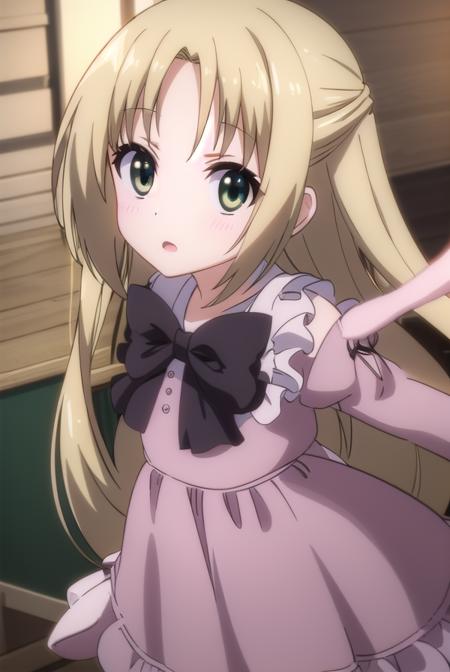 chizuruakaba, <lora:elise toudou s2-lora-nochekaiser:1>,
elise toudou, long hair, blonde hair, (parted bangs:1.5), (green eyes:1.3),
BREAK bow, hair bow, bowtie, dress, frills, puffy sleeves, purple dress, skirt,
BREAK indoors, classroom,
BREAK looking at viewer, (cowboy shot:1.5),
BREAK <lyco:GoodHands-beta2:1>, (masterpiece:1.2), best quality, high resolution, unity 8k wallpaper, (illustration:0.8), (beautiful detailed eyes:1.6), extremely detailed face, perfect lighting, extremely detailed CG, (perfect hands, perfect anatomy),