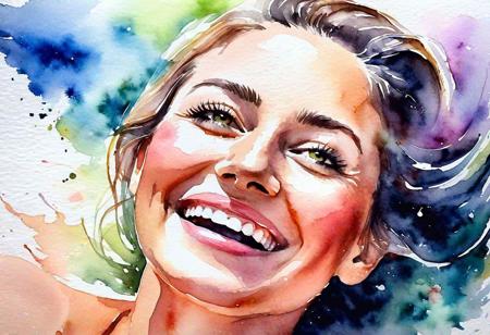 watercolor painting, closeup of a face of a happy woman having the ultimate climatic experience; happy relief