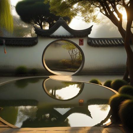 yueliangmen, there is a mirror in the middle of a path in a garden, circular gate in a white wall, qiangshu, play of light, perfectly shaded, morning lighting, medium closeup, mystical setting, during the day, walking at the garden, chinese, su fu