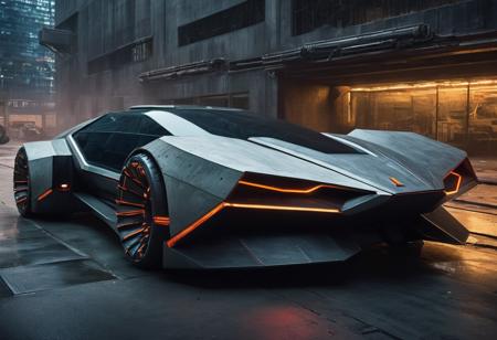 The cyberpunk car embodies the essence of brutalist design, a stark and imposing masterpiece of futuristic aesthetics. Its form, chiseled from raw, unadorned concrete-like materials, emanates an uncompromising air of industrial dominance. Fluorescent tubes embedded in its brutal facade cast a harsh, unforgiving luminescence in the nocturnal abyss. Angular and unapologetic, the vehicle's sharp, concrete edges convey a relentless sense of power, while its small, unapologetic windows conceal its occupants in a fortress of solitude. The wheels, massive and unadorned, roll forth with an undeniable force, asserting their presence in a world defined by grit and defiance. This cyberpunk car is not just a mode of transit; it's a symbol of an austere future where technology meets unyielding rebellion.