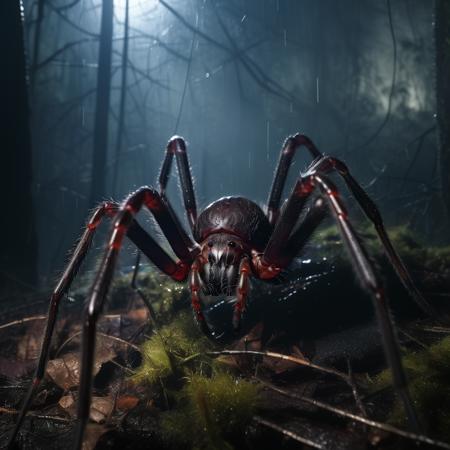 highly detailed documentary photo of giant spider:1.3,

((black body)),  ((distant shot)), blurry, dark forest, night, ((spider web)),

masterpiece, best quality:1.1, 

ultra photoreal, photorealistic:1.0, sharp focus:1.1, 
depth of field:1.1, 

50mm, style of Nathan Wirth, Hasselblad X1D II, Porta 160,
