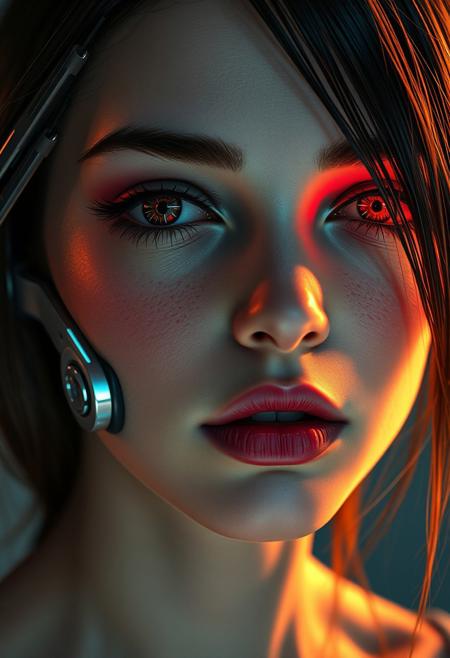 detailed cyberpunk sci-fi image. portrait of elle, a young beautiful woman. elle is a cyberpunk woman with a cyber bio-mechanical face.  human skin texture integrates seamlessly with futuristic bionic mechanical implants. One eye is cybernetic that glows dark red and has intricate patterns. Soft pink smooth lips. reflective metallic details on her face. Lighting is warm and dynamic. DB4RZ, DB4RZ style painting, NeoPigma, in the style of cksc, anime, cyberpunk, not a single person or human being is visible