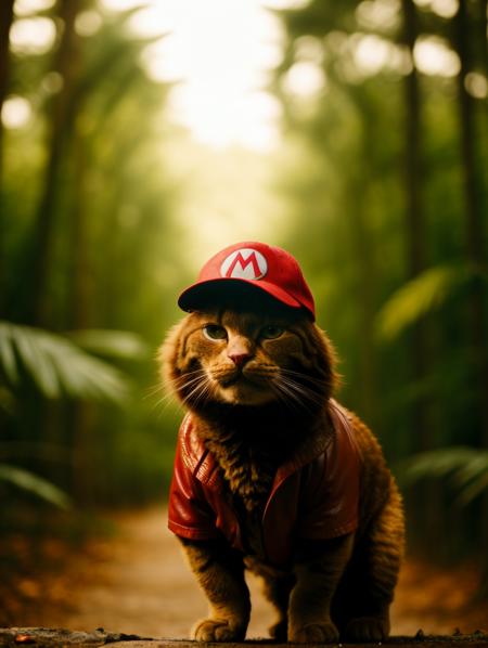 full body, film, <lora:chrispratt_36000:0.8> Chris Pratt cosplaying as Mario, wearing an open redleather jacket, (thick moustache), red hat, in the jungles of Jurassic Park, broken huge wire fence, (with Garfield the huge fat cartoon ginger cat) and a dinosaur.
masterpiece, absurdres, quality, excellent, impressive, awesome, cinematic, fcPortrait,
<lora:backlight_slider_v10:-1.0> <lora:JHart film:0.8>